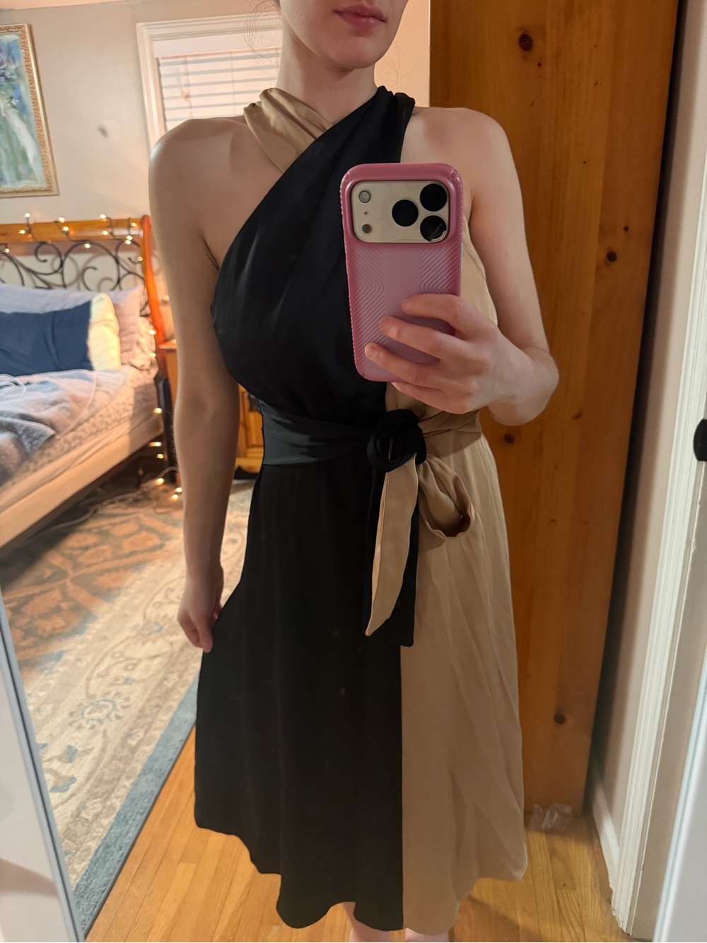 Ann Taylor One-Shoulder Two-Tone Wrap Dress in Black and Tan